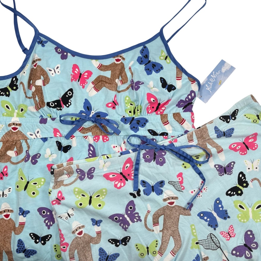 Nick & Nora Womens XL Pajama 2PC Set Butterfly Sock Monkey NEW Camisole & Pants